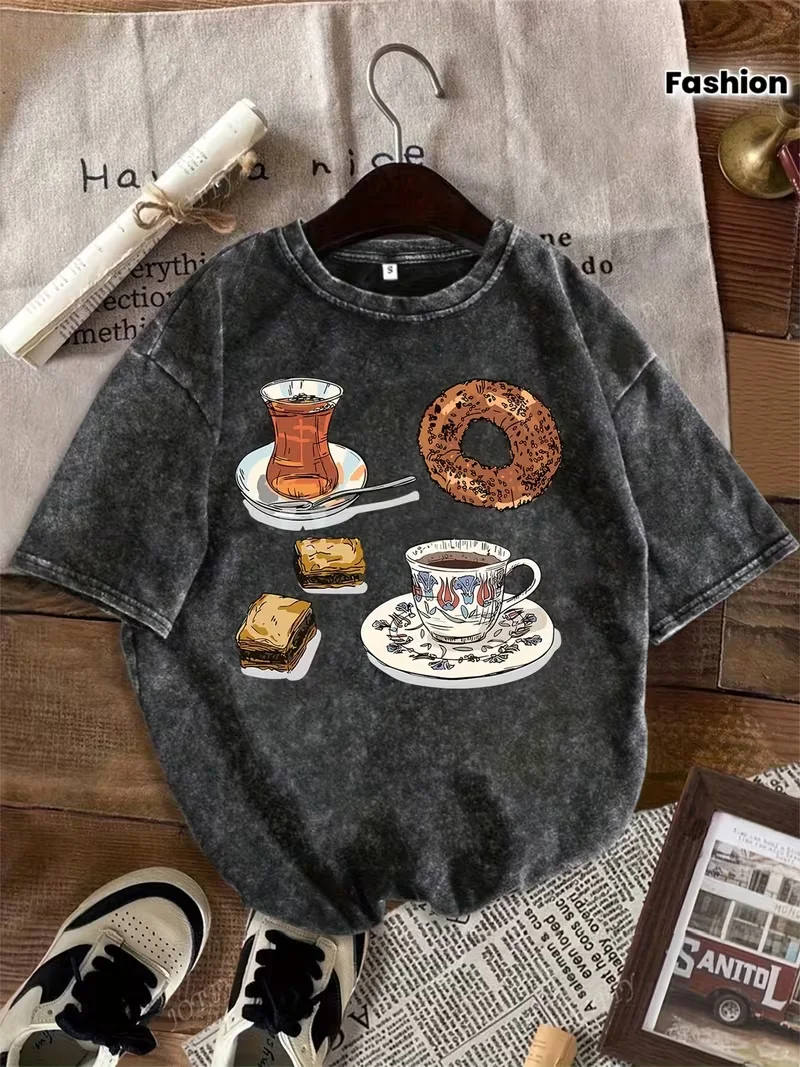 Women's Fashion Fun Graphic Snowflake T-shirt A Cup of Tea Turkish Delight and Simit Vintage Washed T-shirts Round Neck Tops