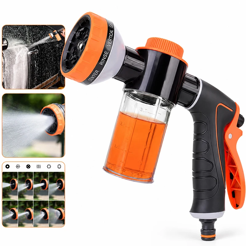 

Foam Cannon Spray Gun 3-in-1 Garden Hose Nozzle with Soap Dispenser, Adjustable 8 Spray Patterns for Car Wash & Garden Cleaning