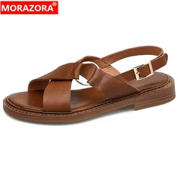 MORAZORA 2024 New Size 34-40 Vintage Genuine Leather Sandals Woman Ladies Buckle Slingbacks Shoes Square Low Heels Sandals