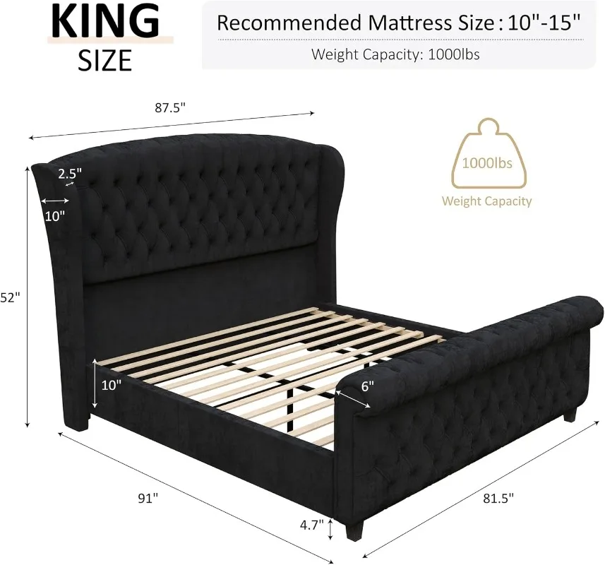 King Size Platform Bed Frame Velvet Upholstered Sleigh Bed with Scroll Wingback Headboard Footboard Button Tufted Easy Assembly