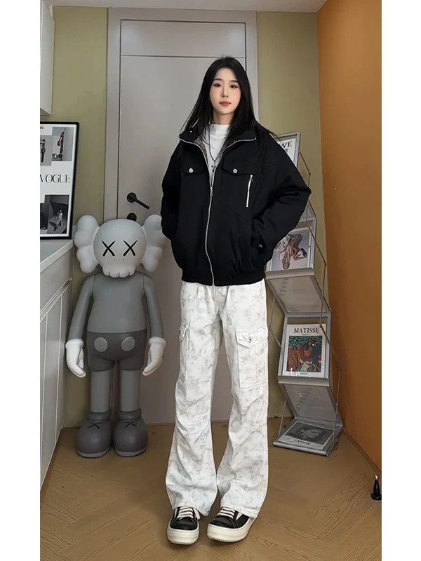 

American High Street Tie Dye Workwear Pants Men's Spring Large ket Pleated Paratrooper Jeans Flared Straight Leg Denim