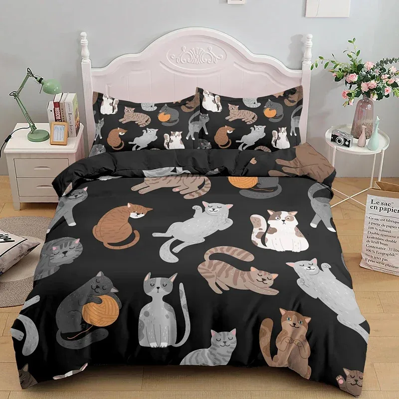 3PCS Single-sided Printed Bedding Set ,Comforter Cartoon Cute Cat Duvet Bedding Cover Pillows Comfortable Bedspreads Bedding Set