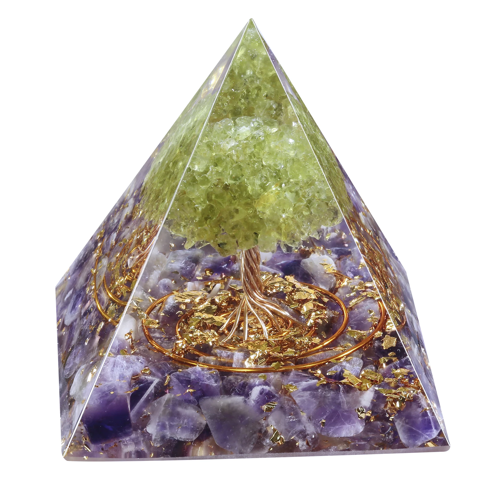 

Natural Peridot Life Tree Orgone Pyramide Reiki Healing Orgonite Pyramid Yoga Meditation Tool EMF Protection For Home Decor