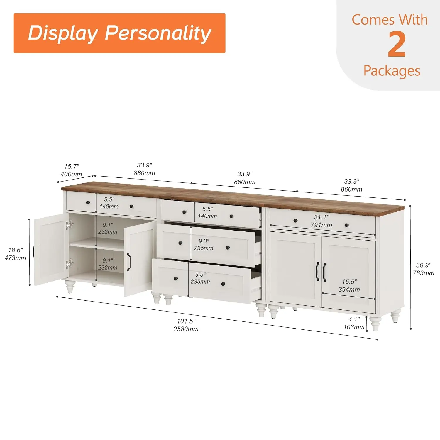 Farmhouse TV Stand Console 100 Inch TV 75-90 Inch 5 Drawers 4 Doors Sideboard Buffet Dining Room, Customized