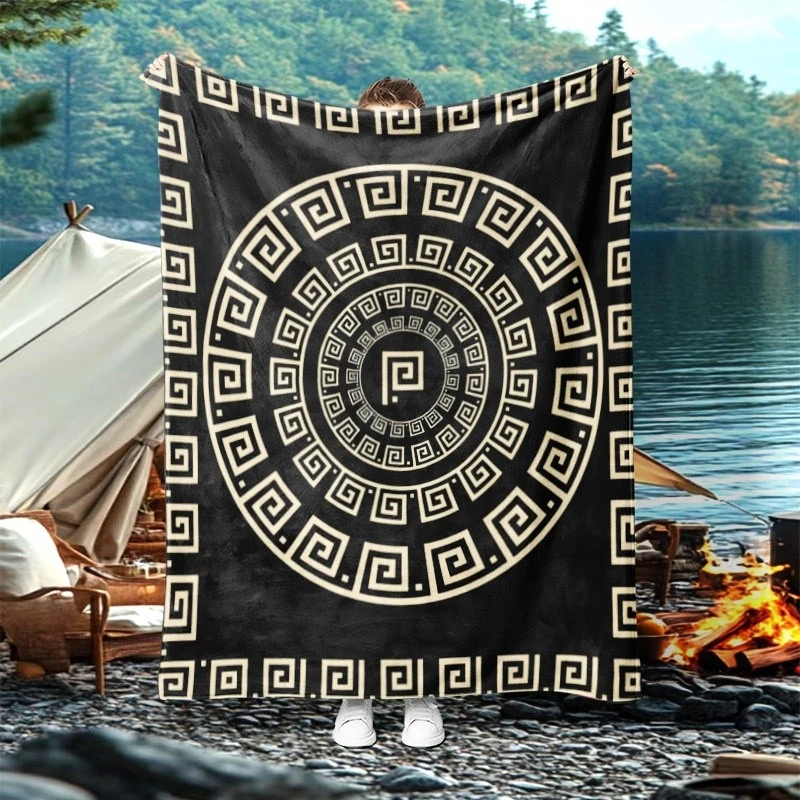 Black Base White Chinese Key Pattern Throw Blanket,Warm Lounge,Bedroom Decor,Birthday Anniversary Home Casual Favor