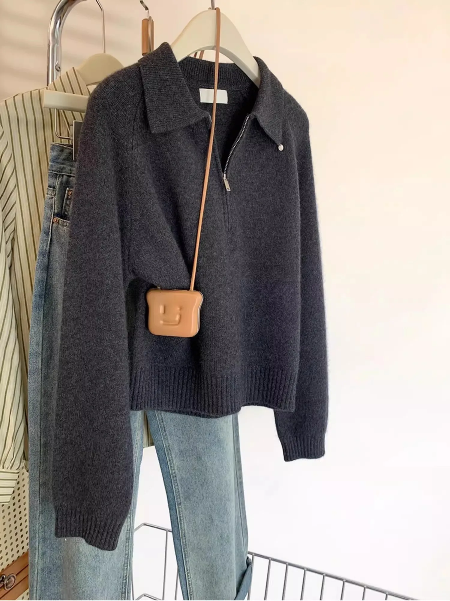 k ey  Collar f Zip Knitted Sweater Women's Autumn Winter New Sle Small Size Flip Collar Knitwear Top