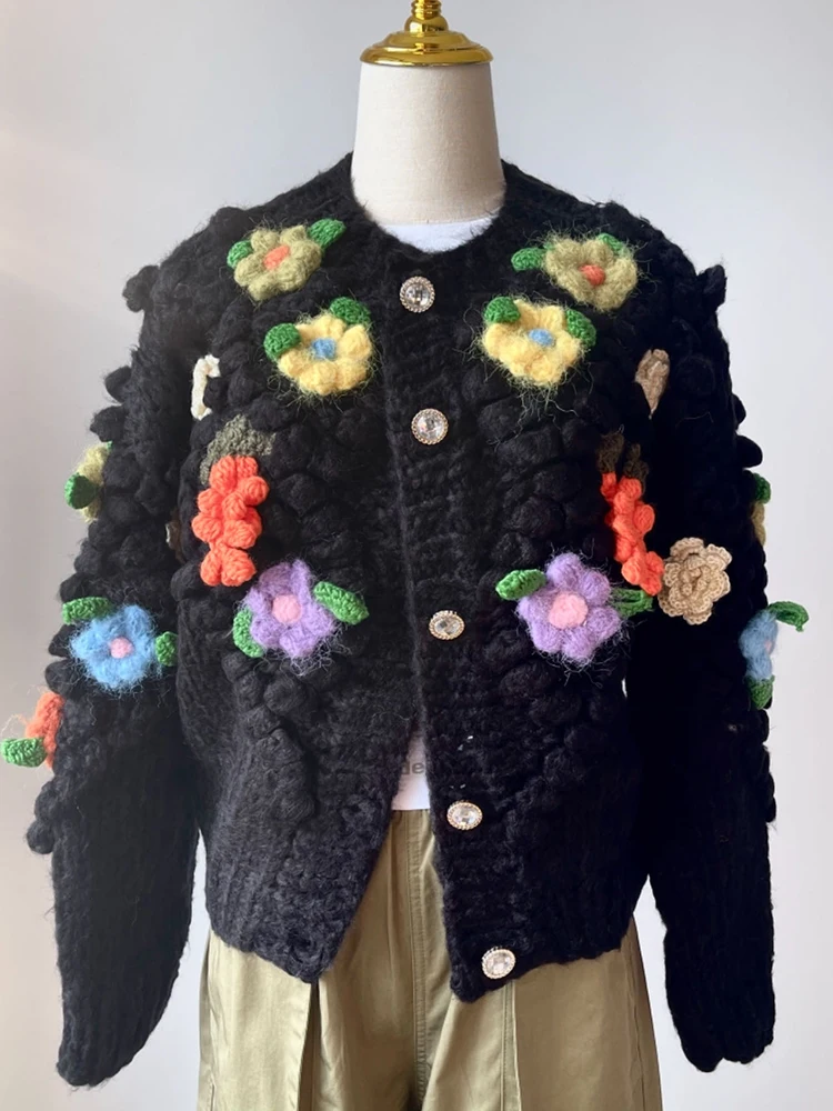 Handmade Chunky Floral Bubble Cardigan 2024 Winter Women Sweater Jumper Warm Outwear