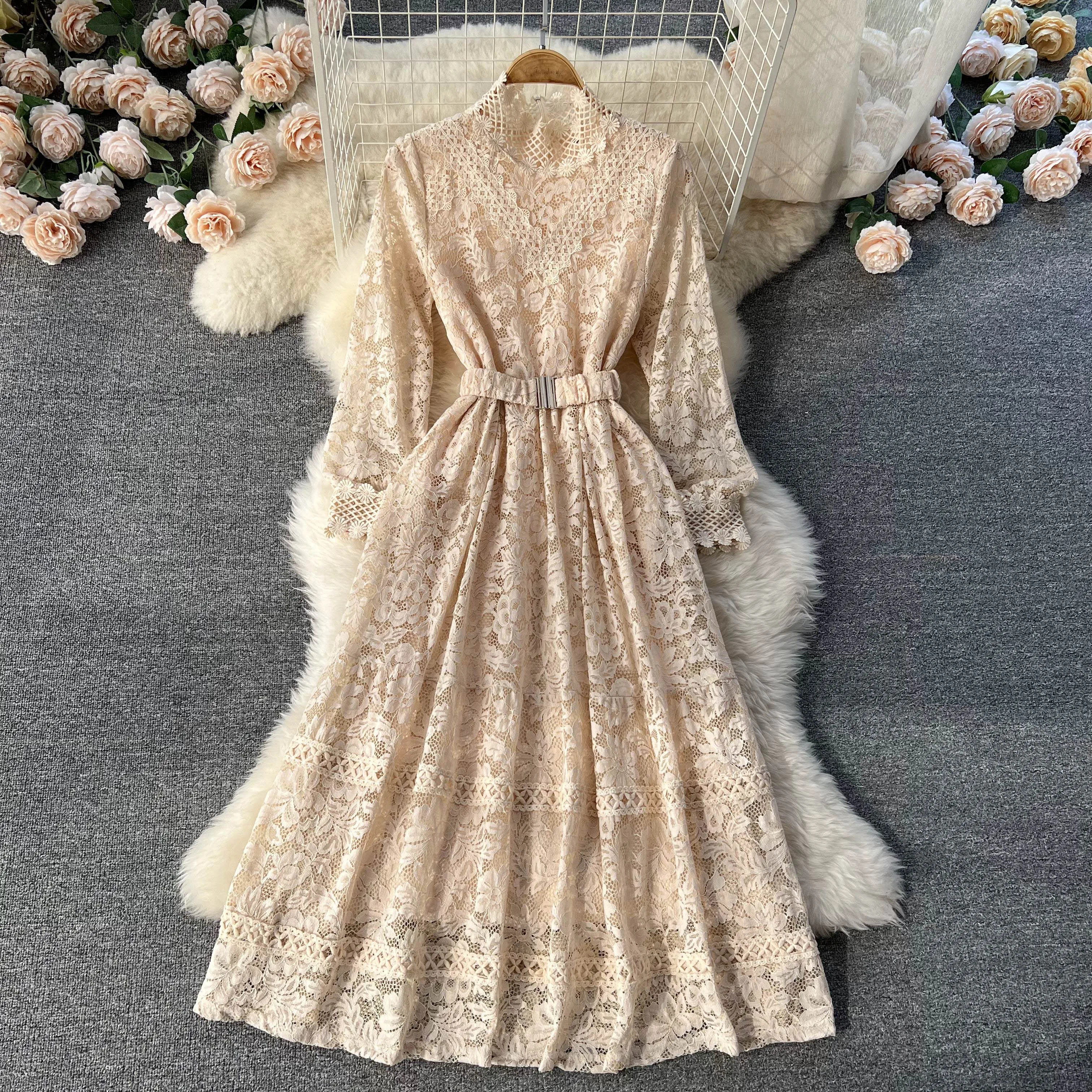 2024 New Spring Autumn Women Stand Collar Long Sleeve Belt Slim Long Dress High Quality Elegant Retro Floral Lace Runway Dress