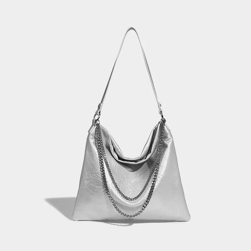 Withered Ins Fashion Girls Blogger Commuting Large-capacity Shoulder Bucket Bag Retro Punk Patent Leather Chain Tote Bag Women