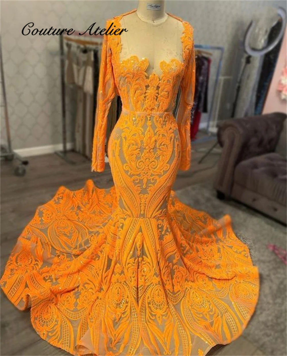 Shinning Orange Sequined Lace Prom Dresses Mermaid Birthday Dress For Black Girl Luxury 2024 Long Sleeves Formal Occasion Dress