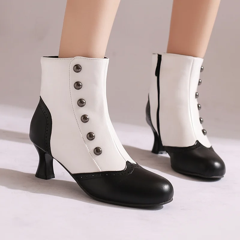 Autumn and Winter Women Boots Color Blocking Metal Rivets High Heels Round Toe Leather 5.5CM Square Heel Side Zipper Short Boots