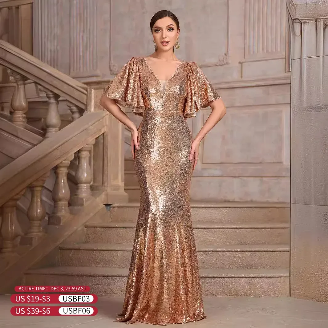 Celebrity Dresses New V-Neck Mid Sleeve Solid Color Sequin Elegant Slim Fit Fishtail Skirt Women'S Evening Dress Glitter Gowns