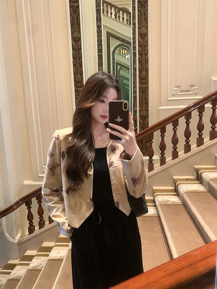 

Ele Chinese Sle Women's ort Suede Jaet Autumn Outerwear Old Money Sle round Ne Single Button Polyester Fabric