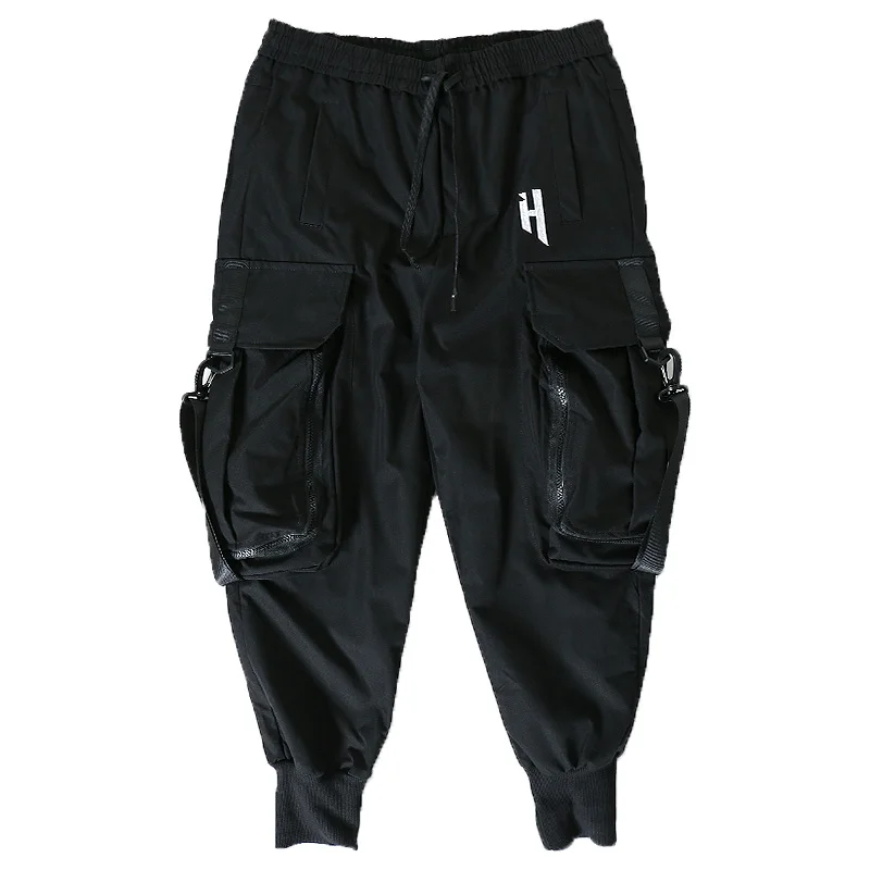 Calça preta carga funcional masculina, calça tática de bolso grande, moda streetwear hip hop, primavera, 2023