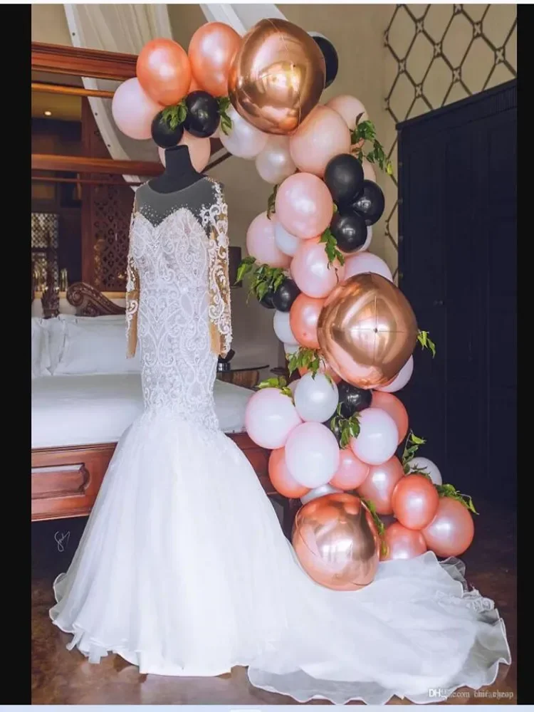 Suknia ślubna syrena z aplikacjami z koralików, trenem zamiatającym, iluzorycznymi długimi rękawami, szyta na miarę, Vestido De Casamento.