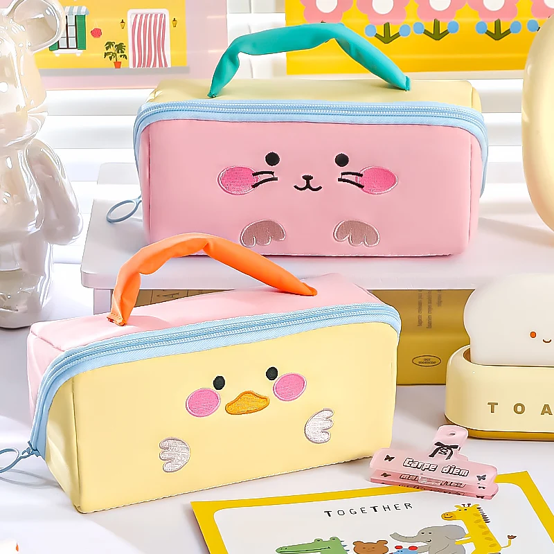 Cute Instagram Style Cartoon Color Blocked Animal Pencil Case with High Appearance Portable Simple Large Capacity Stationery Bag