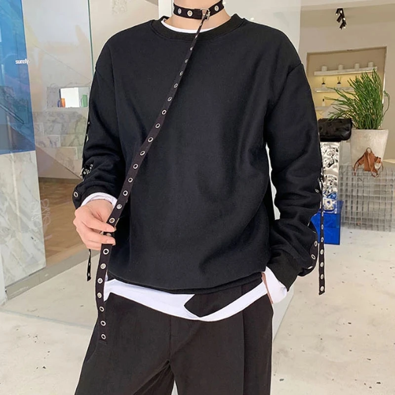 

Men Fall Winter New Fashion Trend Rivet Ribbon Design Hip Hop Street Personality Casual Large Size Hoodie