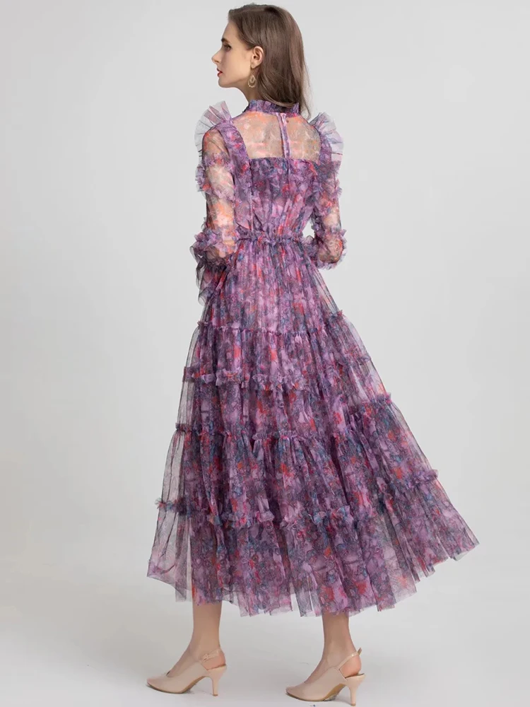 DLDENGHAN Women Mesh Dress Stand Collar Flare Sleeve Ruffles Flowers Print Vintage Party High Waist Long Dresses Summer New