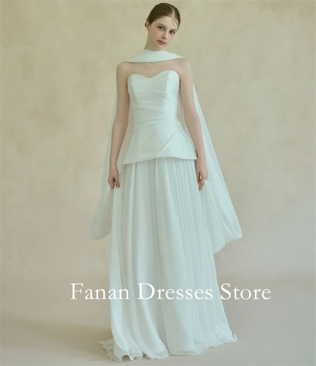 فساتين زفاف أنيقة مكشكشة على شكل قلب من FANAN على شكل حرف a بدون أكمام ورباط من الشيفون الساتان فساتين زفاف بسيطة  ওয়েডিংডেস আইভরি কিউ