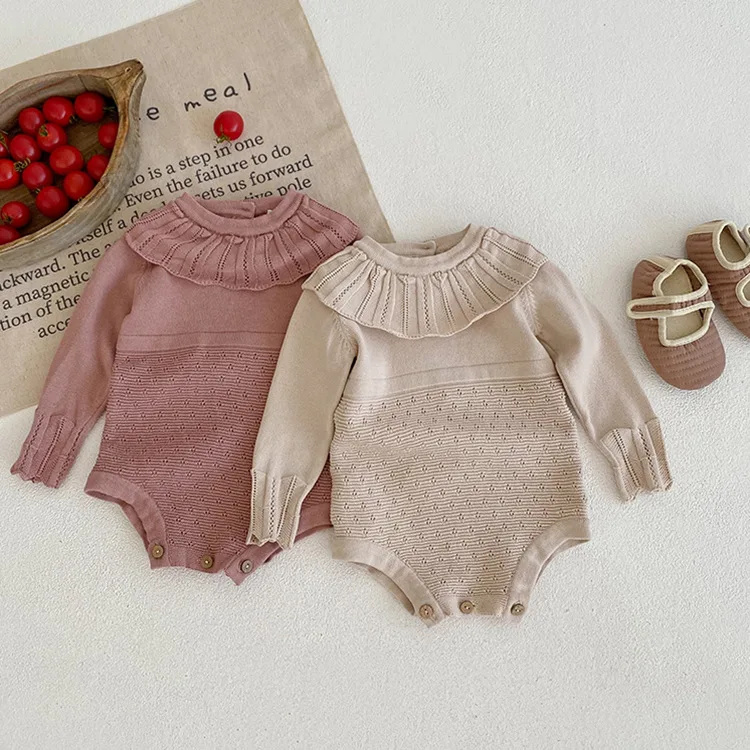 

‌2025 Autumn Baby Girls Knitted Romper with Ruffle Collar Long Sleeve Lightweight Cotton Jumpsuit for Newborn 0-24 Months