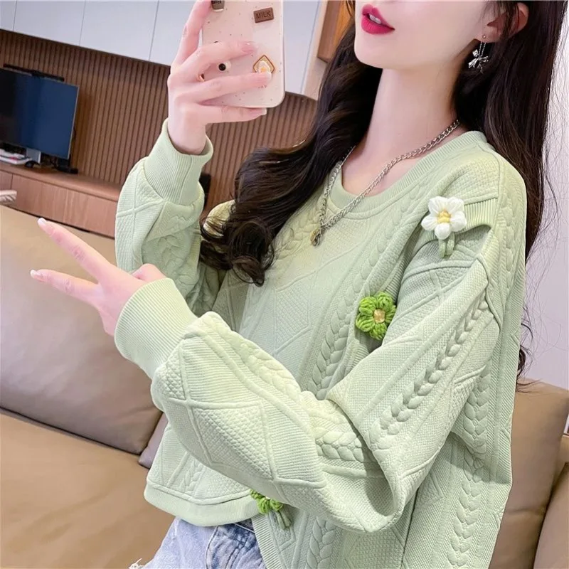 Short Sweatshirt for Women in Spring and Autumn New Design Loose Large Size Slimming Versatile Round Neck Pullover Top Trendy
