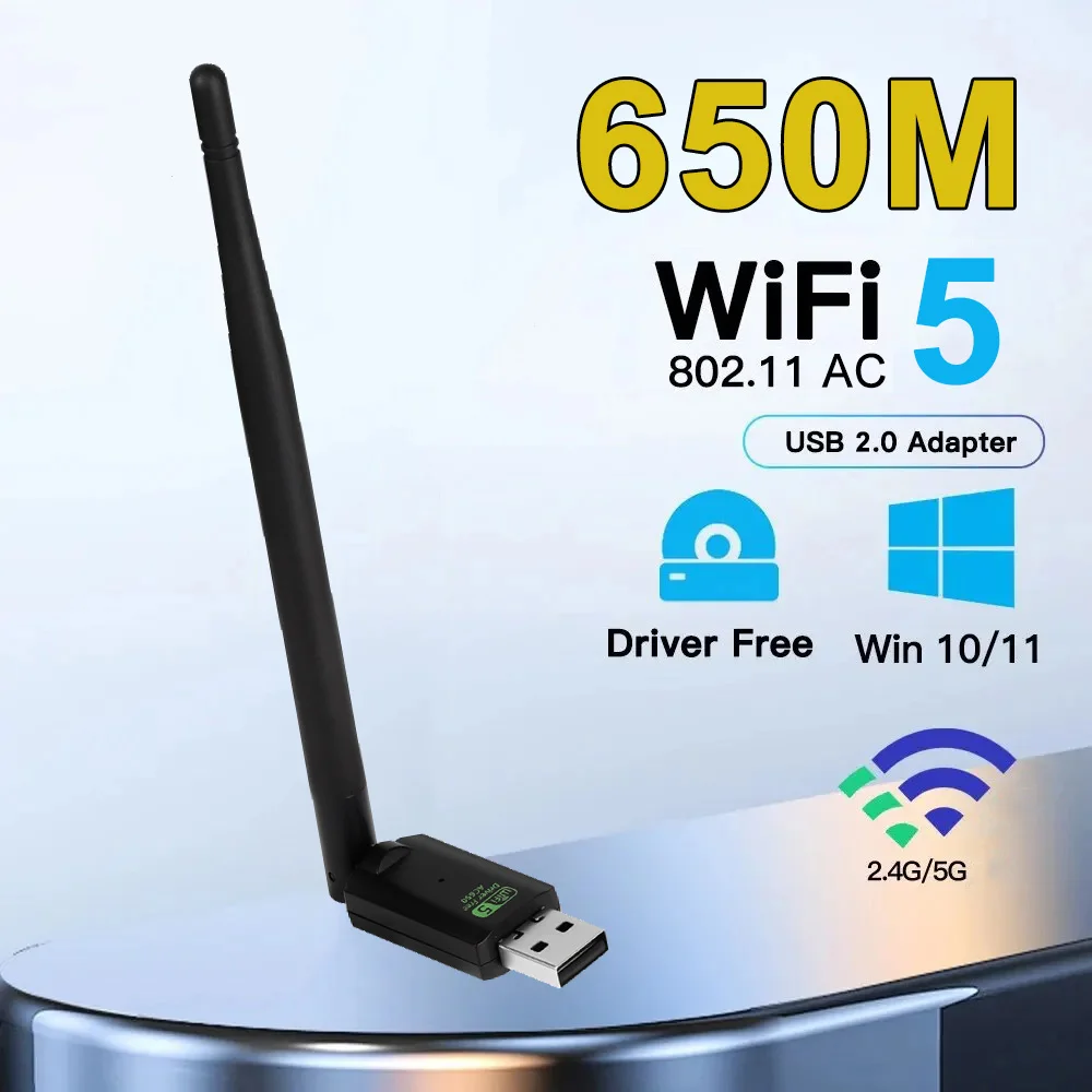 650Mbps WIFI5 USB Adapter 2.4GHz 5GHz Network Card Dongle 802.11AC Antenna Signal Reception For Laptop Windows 10 11 Driver Free