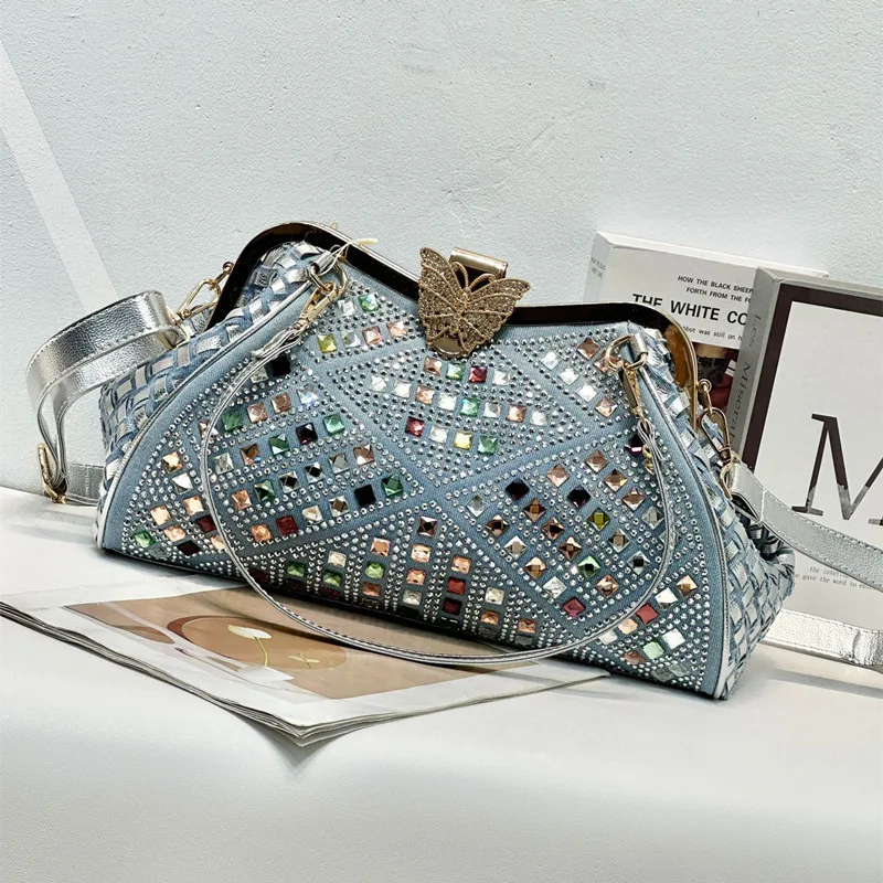 2026 Luxury Newest Big Color Diamond Women's Clip Handbags Fashion Designer Denim Butterfly Buckle Tote Bag High End Banquet Bag