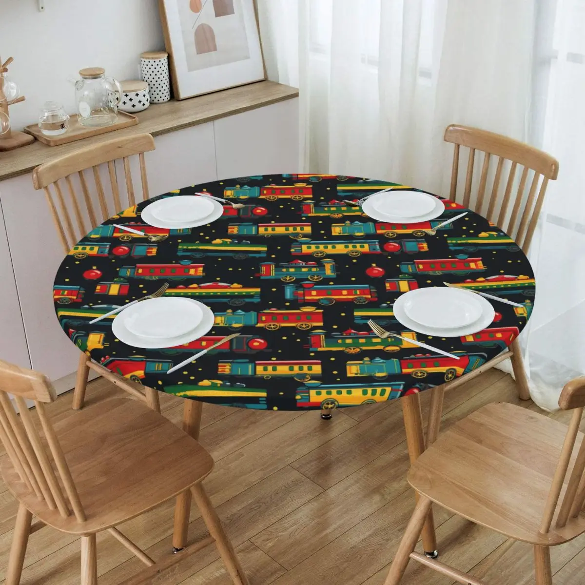 Cartoon Train Models Display Design Waterproof Round Tablecloth Oilproof Table Cloth for Kitchen Events Dining Table Cover