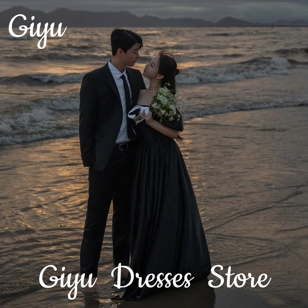 

Giyu Princess Black Off Shoulder Wedding Party Dress A-line Pleat Puff Sleeves Korea Photoshoot Customized 2025 Evening Gown