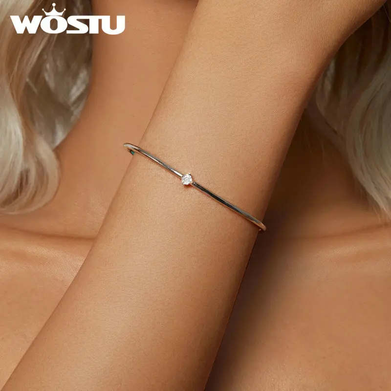 WOSTU 925 Sterling Silver Minimalism Jewelry Bangle Chain Bracelet For Women Adjustable Simple CZ Wedding Bracelets Party Gift