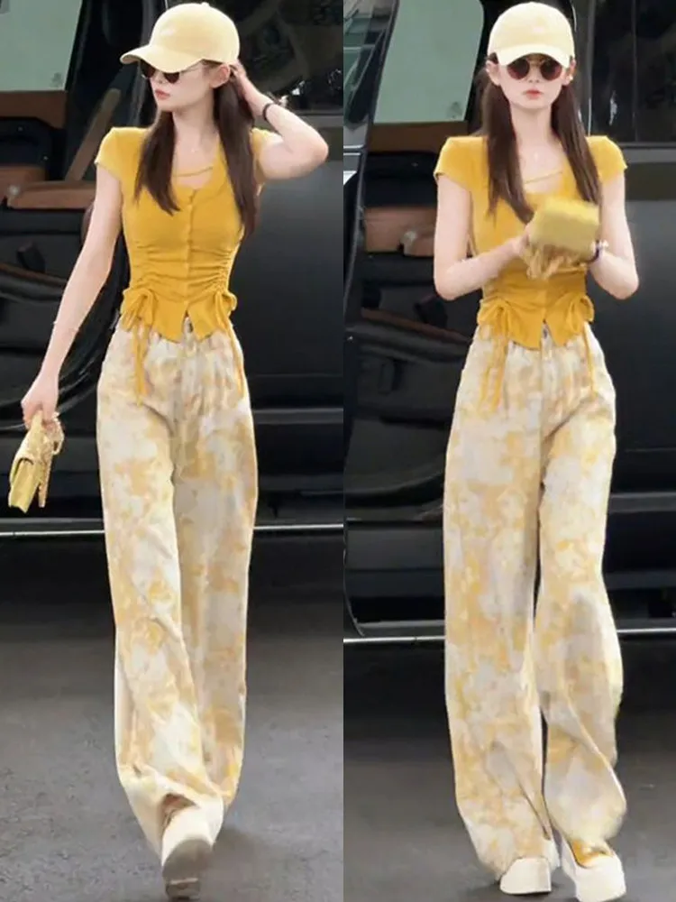 

New Spring and Summer Fashion Short Sleeved Top T-shirt Wide Leg Pants Women's Two-piece Set