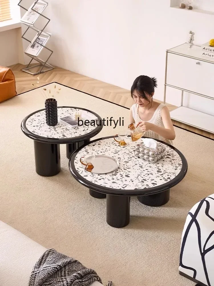 Round Terrazzo Coffee Table Combination Small Apartment Home Marble Small Tea Table Black Retro