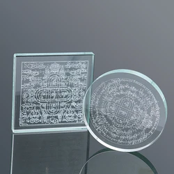 Laser Carve Tibetan Buddhism Sanskrit Om Mantras Lotus Flower Square Round Crystal Crafts Faceted Prism Meditation Display Stand
