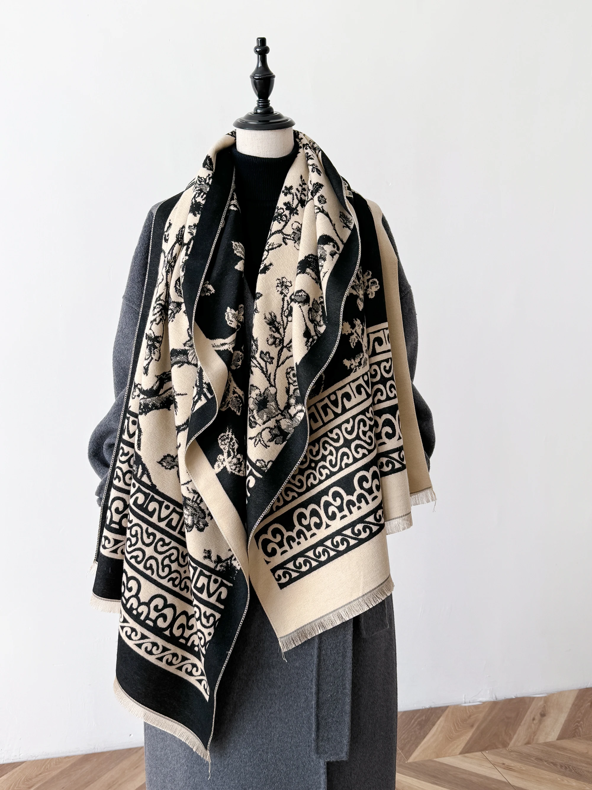 

Зимний роскошный теплый шарф из пашмины, женский шарф с кисточками, шаль с цветком персика и накидка, осеннее женское одеяло из искусственного кашемира, платок