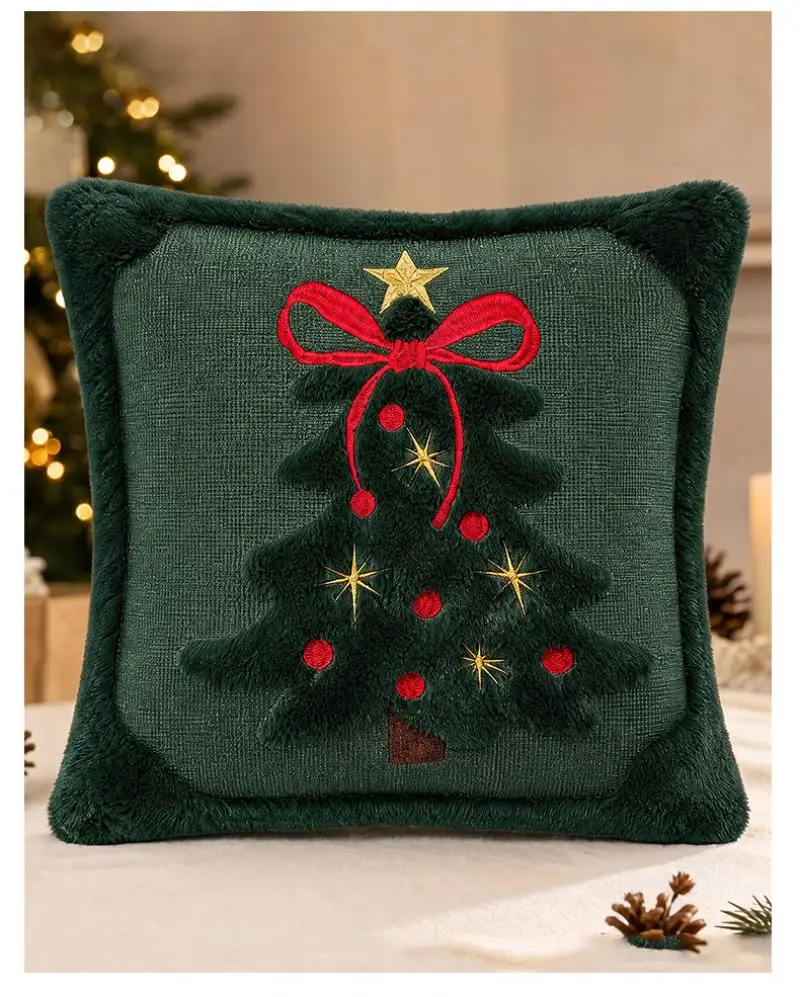 Weihnachts-Kissenbezug Cojines Grün Beige Plüsch Weihnachtsbaum Bestickter Kissenbezug Feiertags-Sofadekoration Kissenbezüge – Detail 7