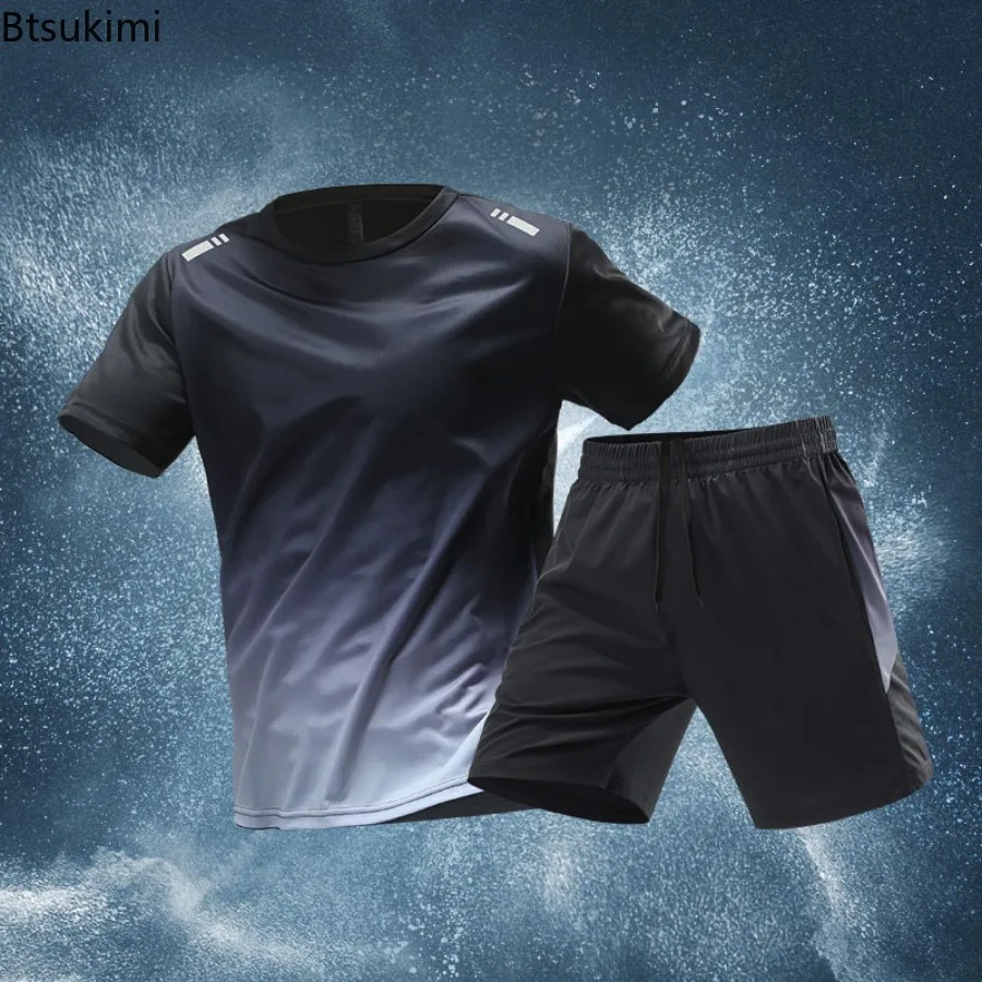 

Summer Men's Outdoor Sports T-shirts 2 PCS Sets Gradient Color Quick Drying Sportwear Youth Leisure Men Short-sleeved Tracksuits