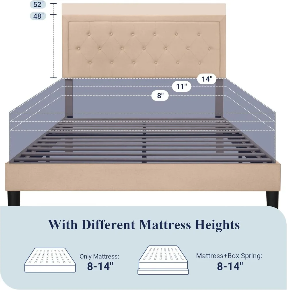 Cadre de lit rembourré Queen Size avec tête de lit réglable, support à lattes en bois et sommier de matelas en beige