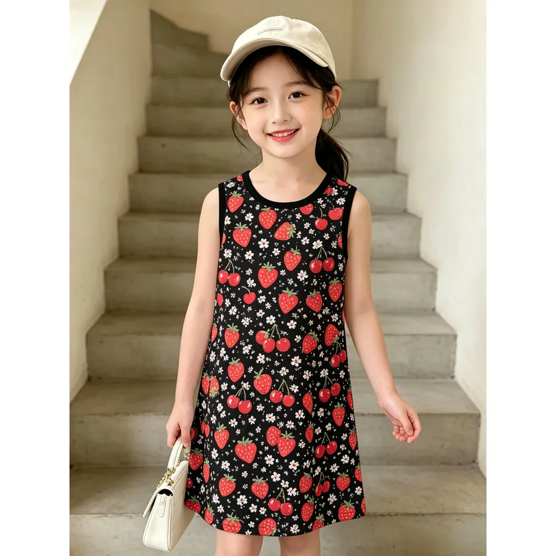 2026 New Little Kid Sleeveless A‑Line Dress Cute Witch Black Cat Magic Star Print Casual Summer Outfit for Teen Daily Party Wear