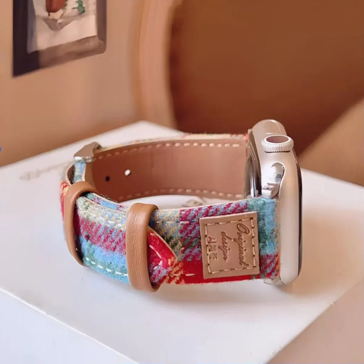 애플 워치 밴드용 컬러풀 격자 무늬 모직 PU 가죽 스트랩, 아이워치 49 울트라 9 8 7 se 6 5 4 3 용 41/45 40/44 팔찌, S10 42mm, 46mm