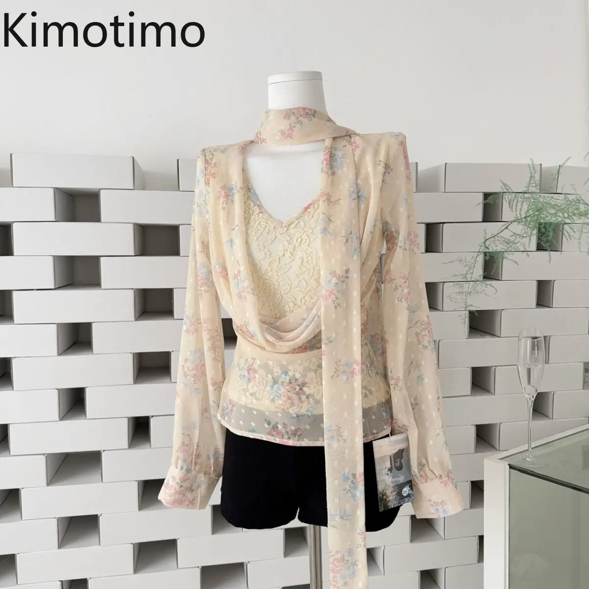 Kimotimo Fairy Print Lace Patchwork Mesh Long Sleeve Tops Women 2026 New Halter Slim Sheer Blouse Elegant Versatile Y2k Shirts