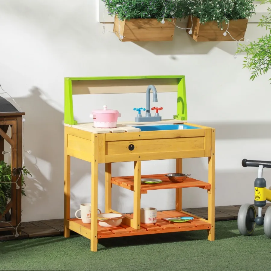 Set da gioco da cucina per esterni da cucina in fango per legno con giocattoli da cucina realistici, rubinetto e ripiani per lavello, regalo per ragazze