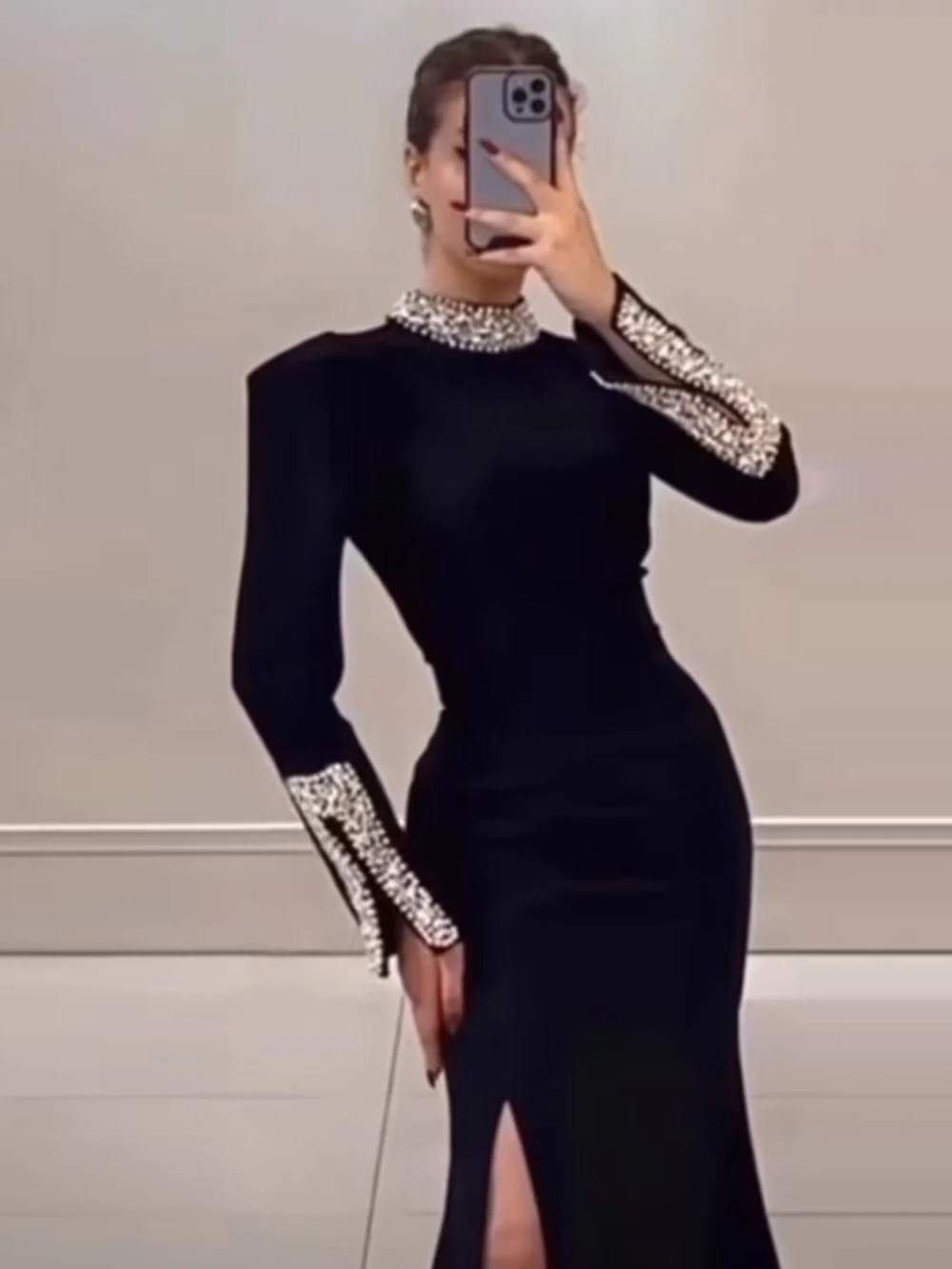 2024 Autumn New Women\'s Black Sexy Long Sleeved O-neck Diamond Split Bandage Long Dress Bodycon Celebrity Party Evening Dress