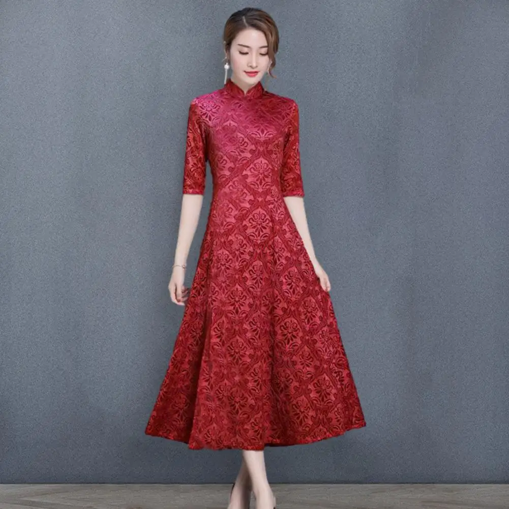 Women Slim Fit Dress Elegant Sexy Dress Elegant Stand Collar Chinese Retro Style Evening Dress with A-line for Mother for Women