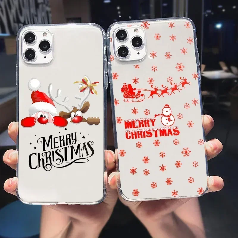 Cute Christmas Cartoon Reindeer Santa Claus Phone Case For iPhone 16 15 14 13 11 12 Pro Max Mini X 7 Plus SE Soft Cover Fundas