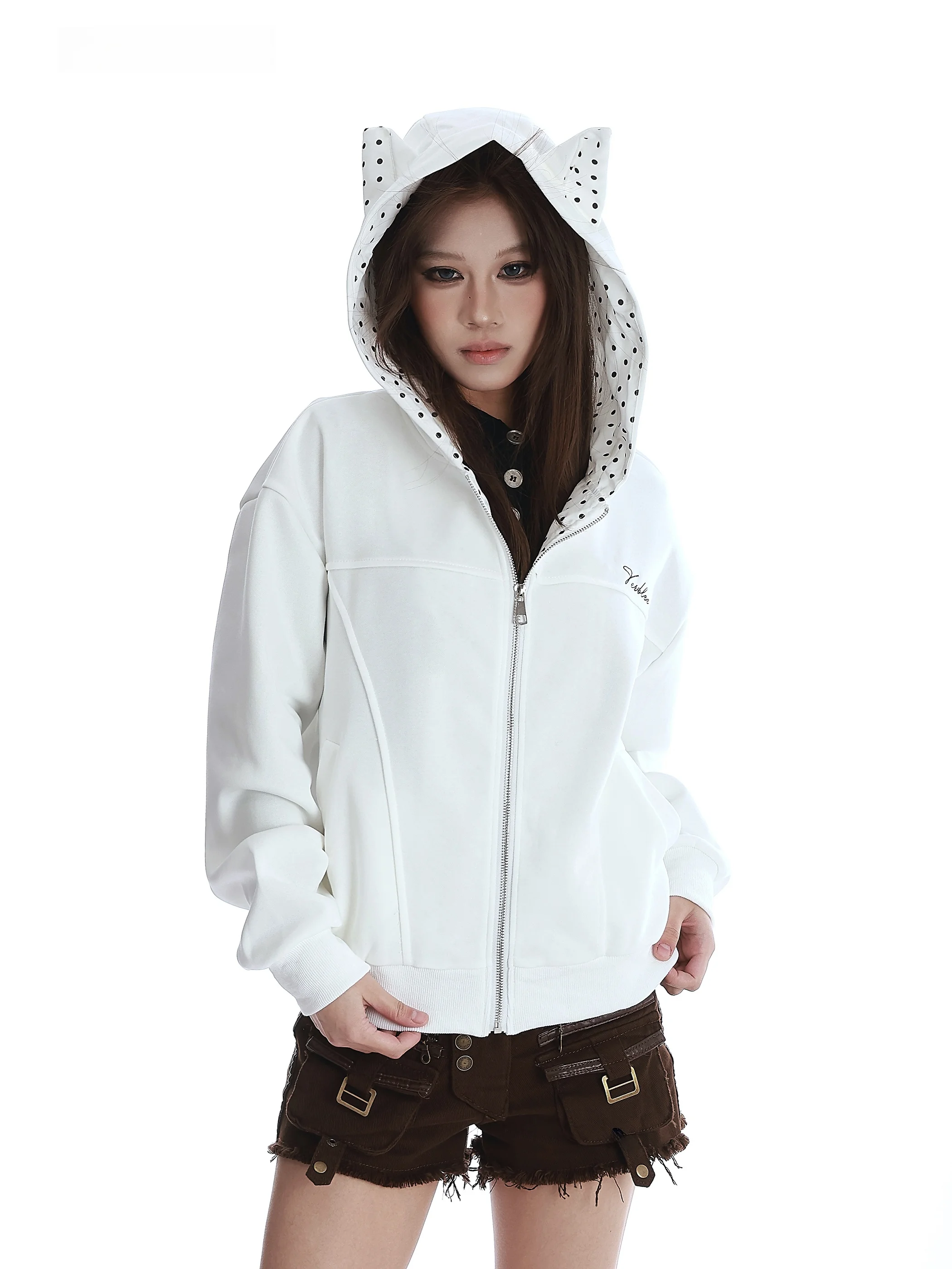 

Американский ретро-кардиган в горошек с капюшоном на молнии, длинный рукав, толстовка, короткое пальто, женский топ, осенняя повседневная одежда