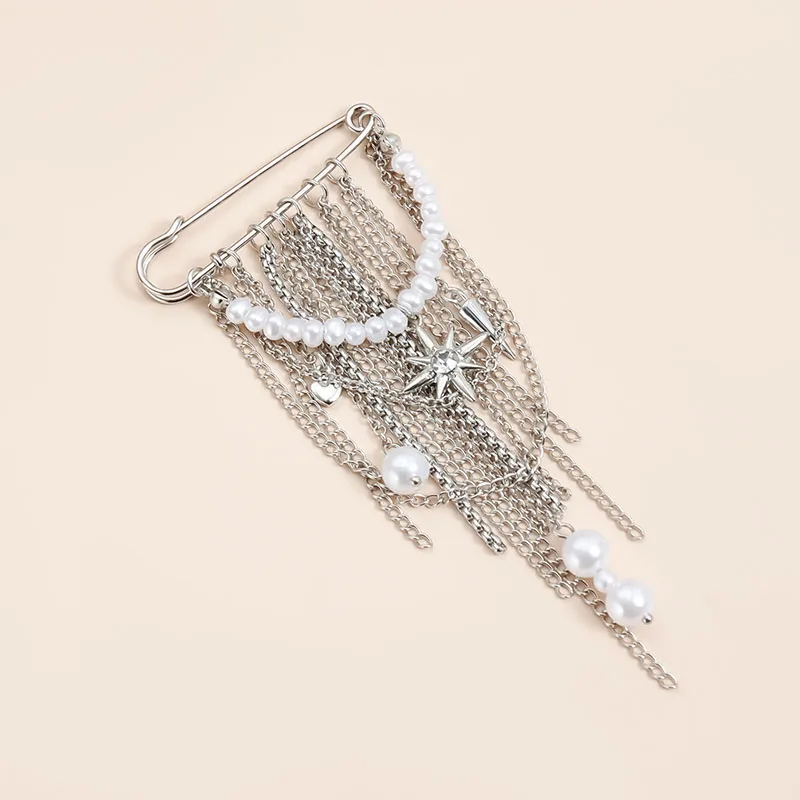 Fashion Exaggerated Multiple Tassels Stars Pearl Brooch Women Functional Waist Cinching Fixed Pin Jewelry Accessories