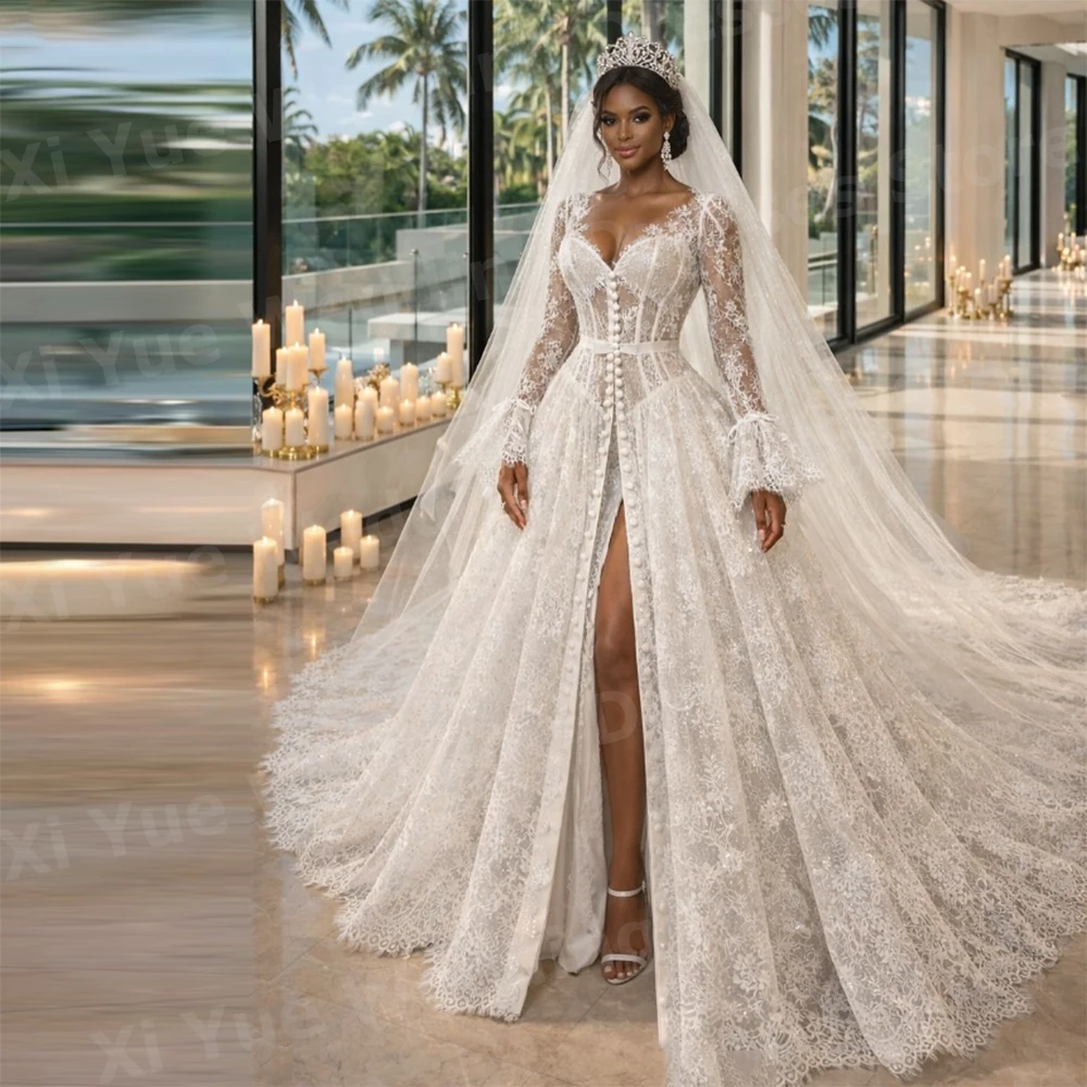 Charming A Line Women's Lace V Neck Long Sleeve Side Slit Wedding Dresses Vestido De Novia Bride Gowns Customized Robe De Mariée