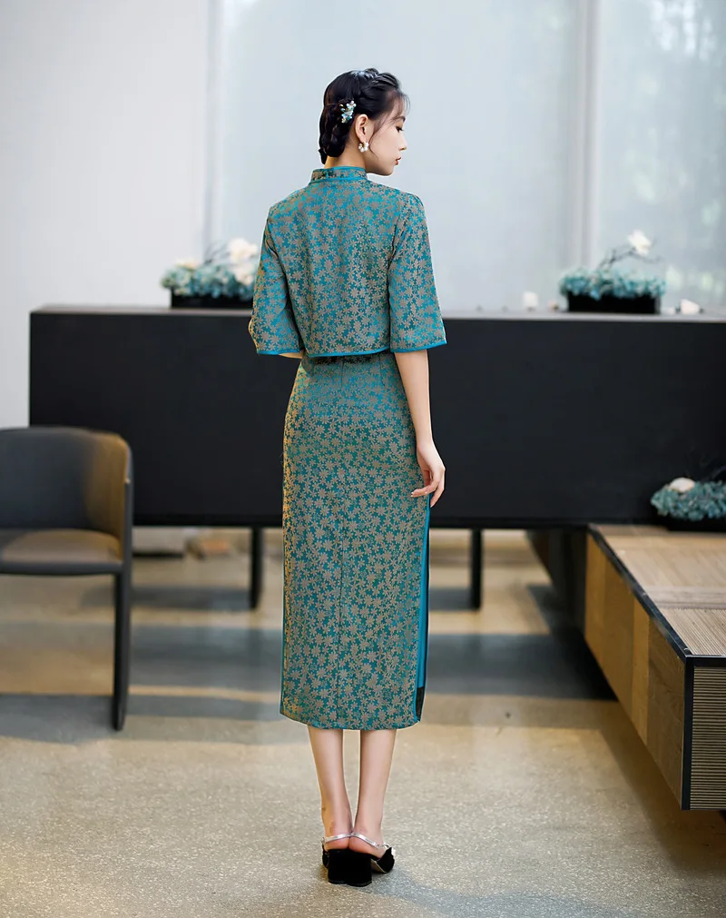 Sexy Slim Fit Long Qipao Autumn Cheongsam Set Shawl Two Piece Fashion Printing Elegant Temperament Chinese Traditional Dress