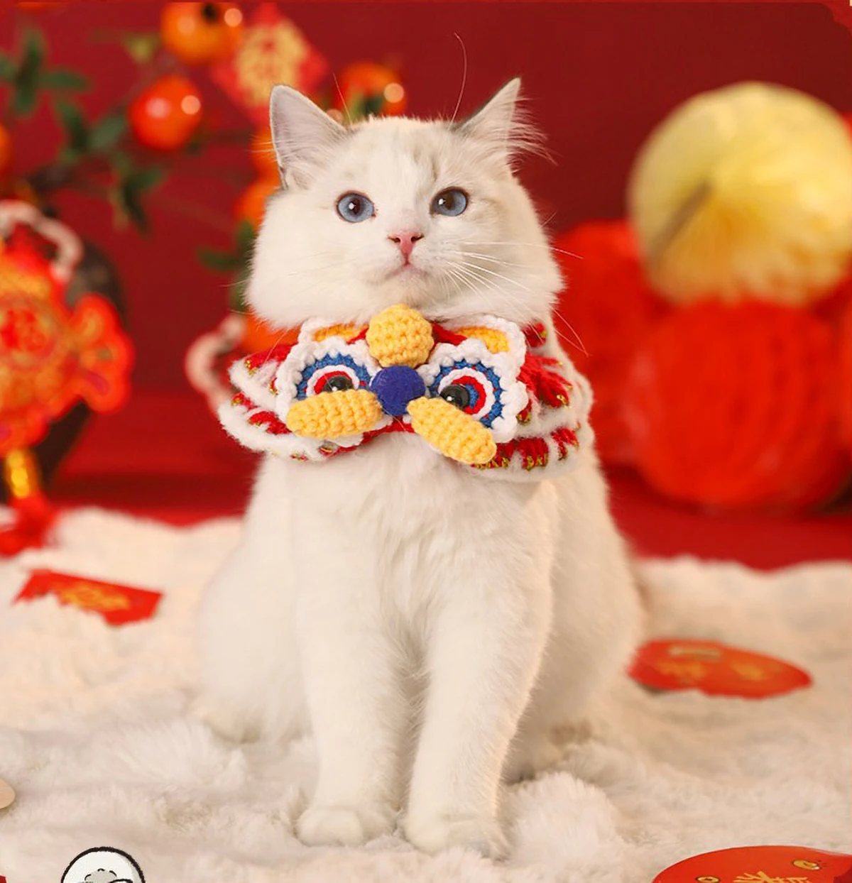 Handmade Knitting Cat Tie Adjustable Pet Accessory with Chinese Lion Dance Magical Protection for Cats