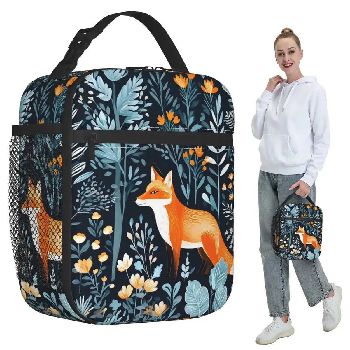 Cute Fox And Forest Pattern Insulated Lunch Bag for Kids School Cooler Thermal Food Box Tote Portable Lunch Boxes Container